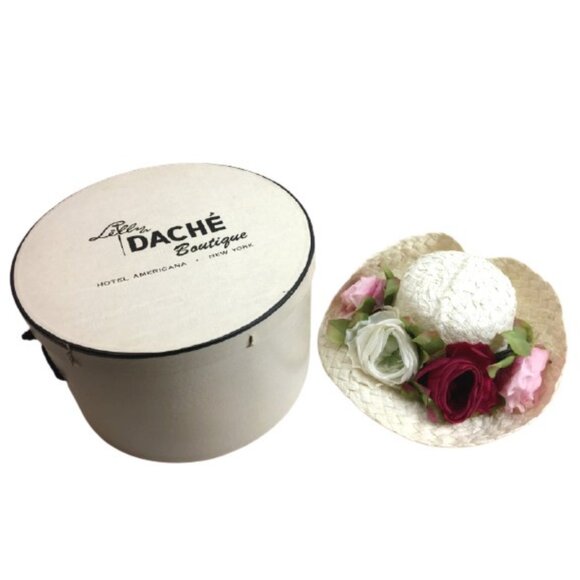 Vintage Union Made Straw Hat Red White Pink Roses in Dache Boutique Box 1960s